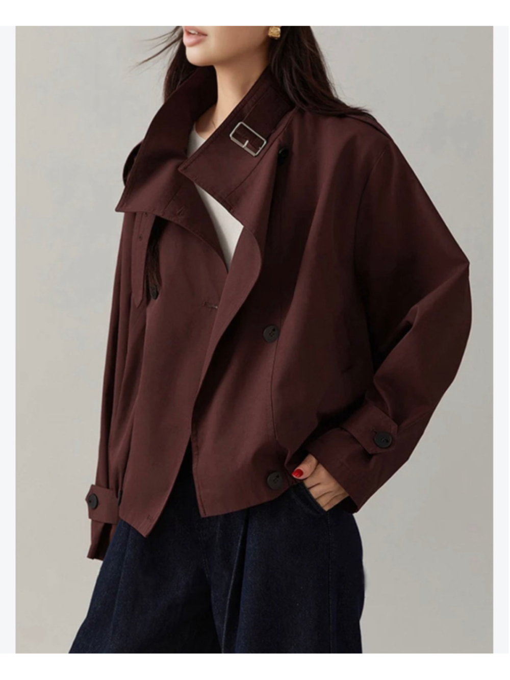 Commense Burgundy Moto Trench Bomber Jacket Size XL Relaxed Oversized Fit